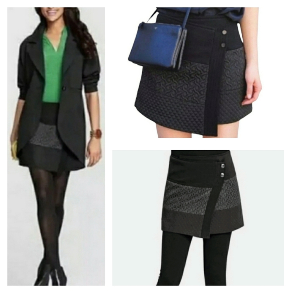 CAbi Black Quilt Textured Print Wrap Mini Skirt X-Small